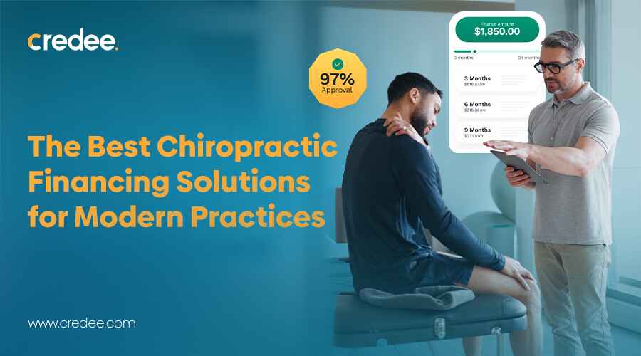 Chiropractic financing ad showing a clinician presenting payment options to a patient, with the headline “The Best Chiropractic Financing Solutions for Modern Practices.”