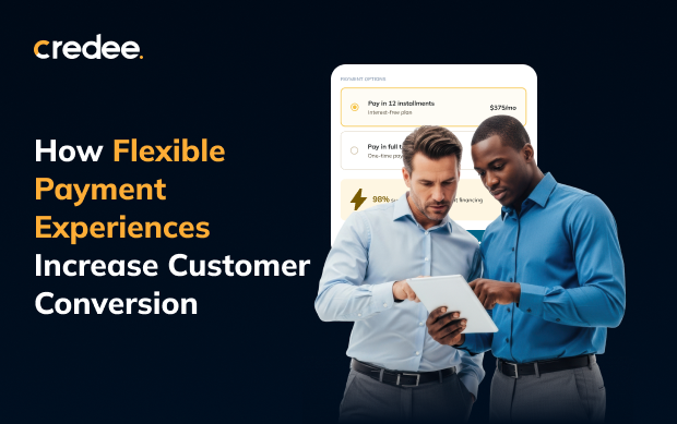 Credee hero image: two men in blue shirts study a tablet against a dark gradient background beside the headline 'How Flexible Payment Experiences Increase Customer Conversion'.