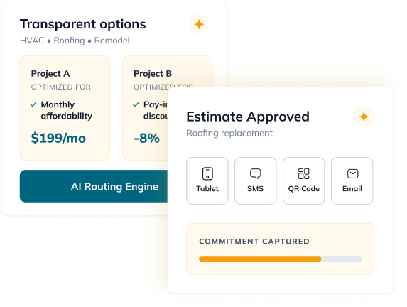 Two overlapping UI cards: 'Transparent options' with Project A and B plans and a blue AI Routing Engine button, beside an 'Estimate Approved' card showing Tablet, SMS, QR Code, and Email options with a progress bar.