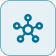 Network diagram icon with a central node connected to several others inside a rounded blue square