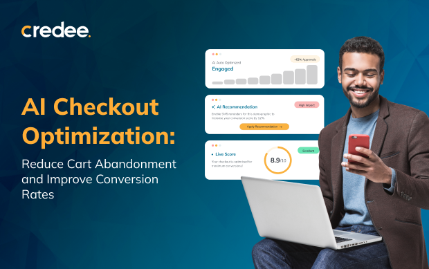 Hero image for Creddee AI Checkout Optimization: a man in a blazer uses a laptop and a smartphone, with overlayed analytics panels on a blue geometric background.