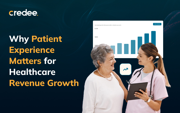 Branded hero image: a nurse talks with an elderly patient beside a rising bar chart; text reads 'Why Patient Experience Matters for Healthcare Revenue Growth'.