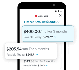 Finance options on a smartphone screen showing $400.00/mo for 3 months and today’s payment of $294.96.