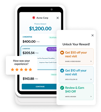 Mobile banking app screen showing a $1,200 balance, rewards popup with offers (Get $50 off your next visit, Get $10 off your next visit, Review & Earn $40 Off), a five‑star rating, and a Continue button on a device screen at left.