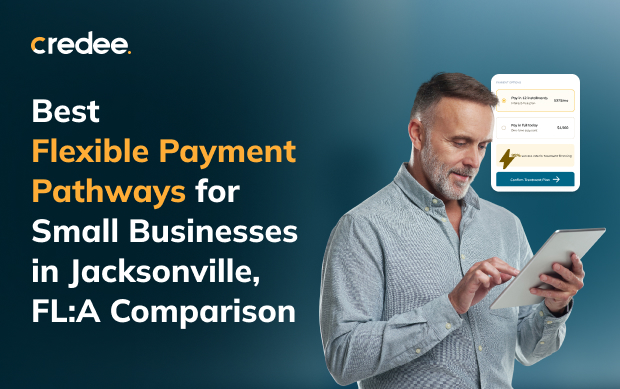 Credee ad: headline about flexible payment pathways for small businesses in Jacksonville, FL; man with a tablet and a floating app card on the right.